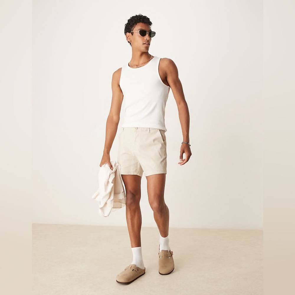 ASOS DESIGN shorter length pull on chino shorts in stone